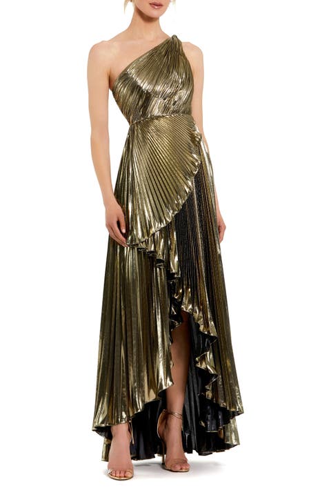 Petite Metallic Pleated One Shoulder Gown