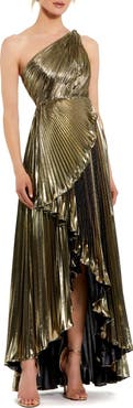 Mac Duggal Petite Metallic Pleated One Shoulder Gown