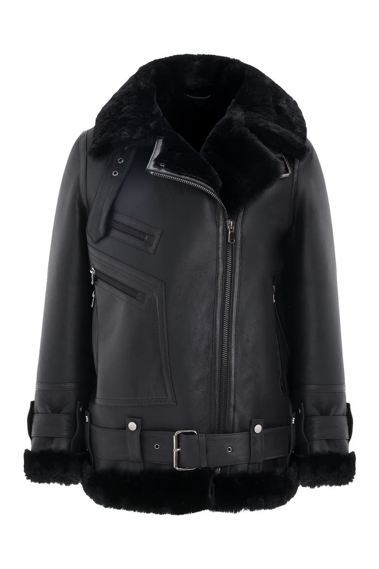 Genuine Shearling  Moto Zip Jacket, Alternate, color, BLACK