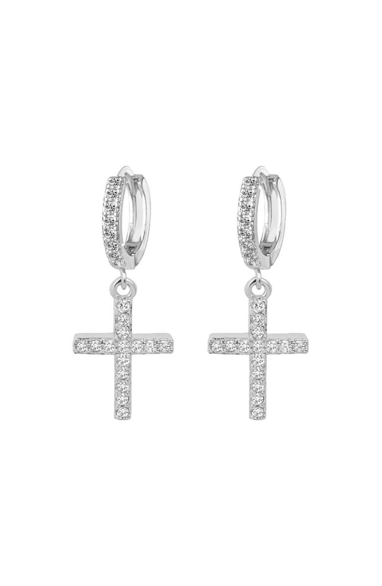 Hollywood Sensation Cross Dangle Earrings with White Diamond Cubic Zirconia, Main, color, Silver