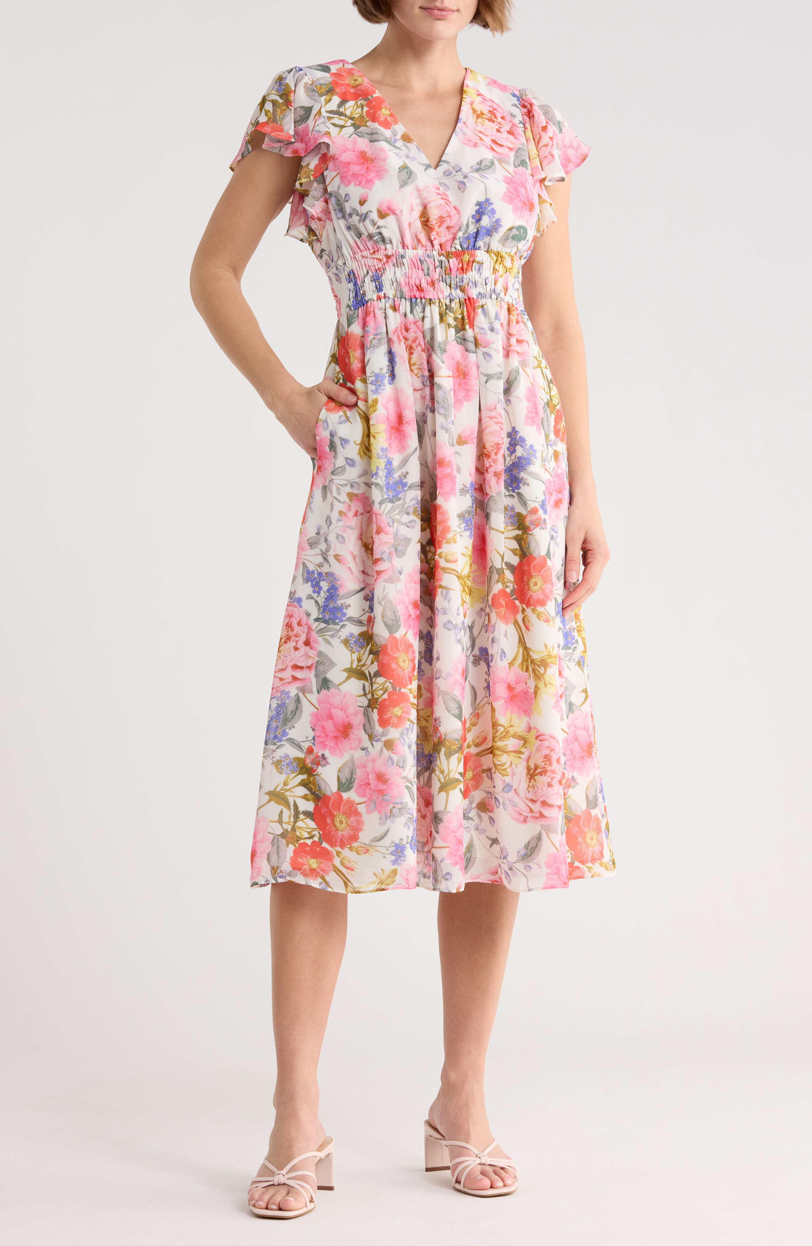 Eliza J Floral Flutter Sleeve Chiffon Midi Dress