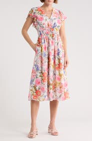 Eliza J Floral Flutter Sleeve Chiffon Midi Dress