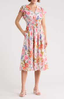 Eliza J Floral Flutter Sleeve Chiffon Midi Dress