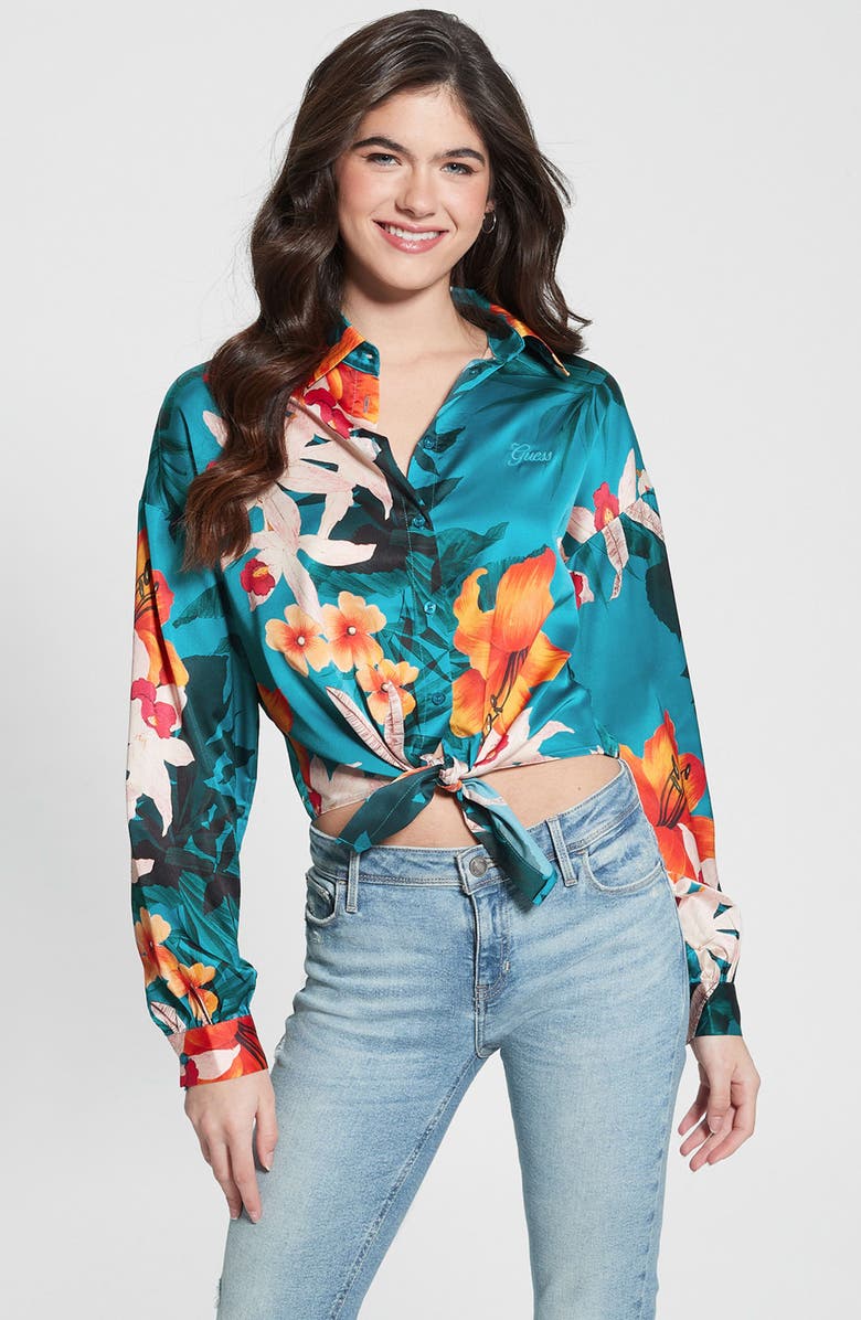 GUESS Jun Satin Tie Hem Button-Up Shirt, Alternate, color, Hawaian Sunset Print