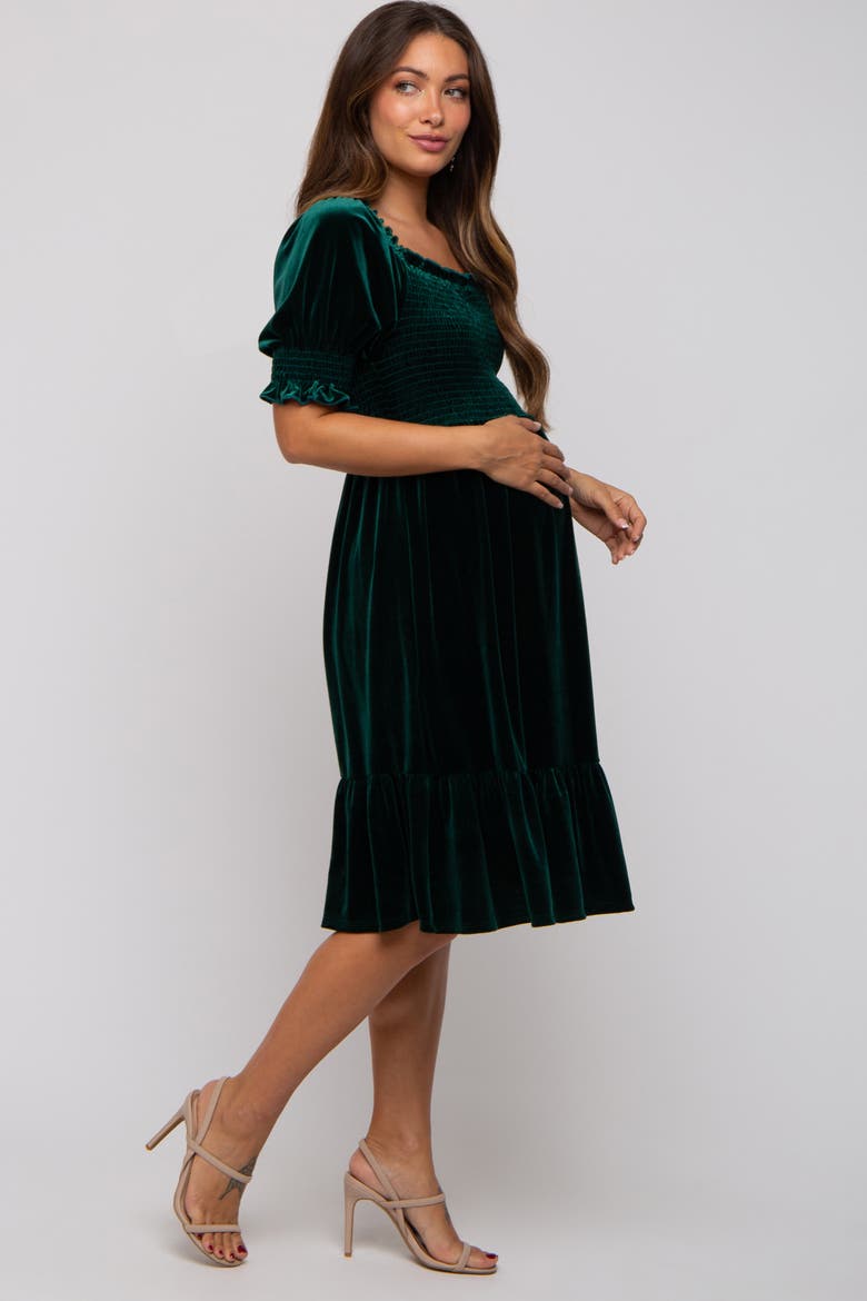 Velvet Smocked Puff Sleeve Dress, Alternate, color, Forest Green