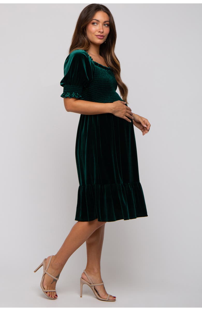 PinkBlush Velvet Smocked Puff Sleeve Dress, Alternate, color, Forest Green
