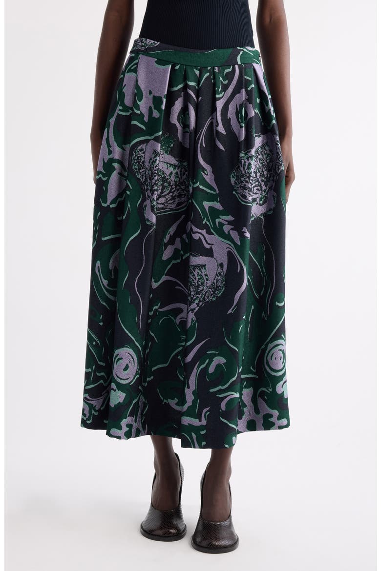 Soni Abstract Floral Jacquard Pleated Crepe A-Line Midi Skirt, Main, color, DARK GREEN