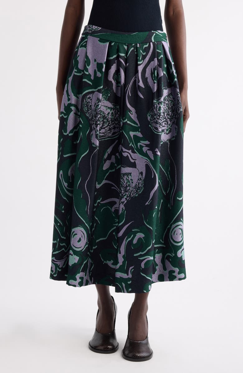 Dries Van Noten Soni Abstract Floral Jacquard Pleated Crepe A-Line Midi Skirt, Main, color, Dark Green