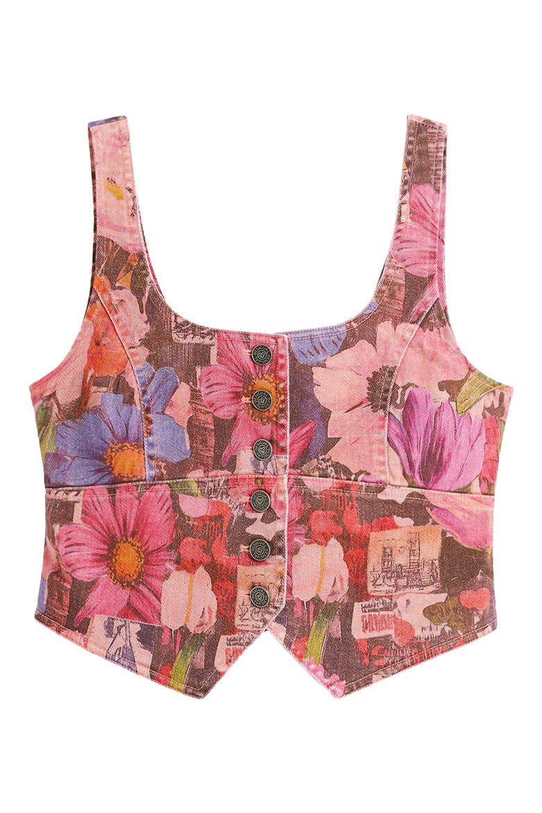 Floral Print Denim Crop Vest, Alternate, color, PINK