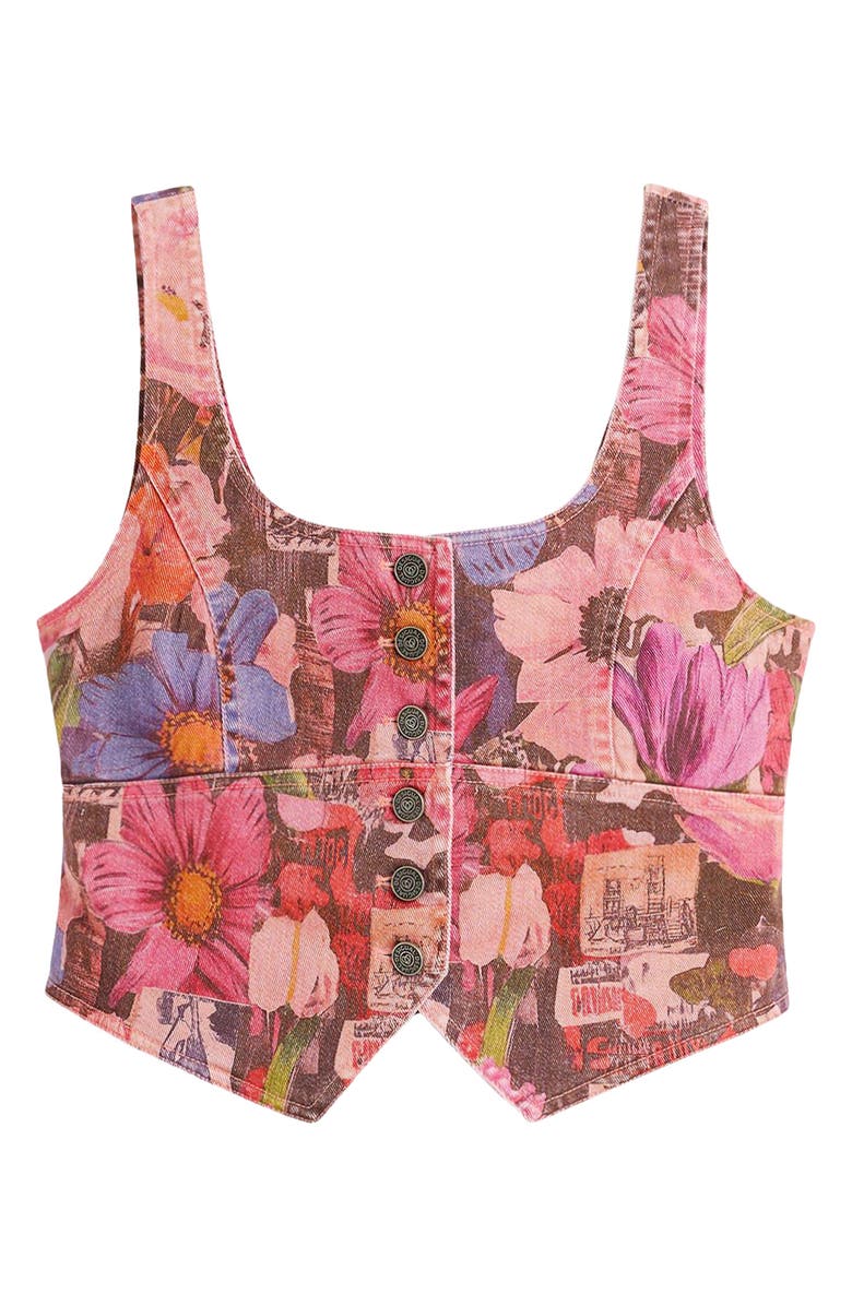 Desigual Floral Print Denim Crop Vest, Alternate, color, Pink