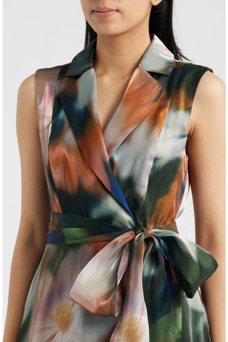 Print Tie Waist Sleeveless Organza Gown, Alternate, color, BROWN MULTI