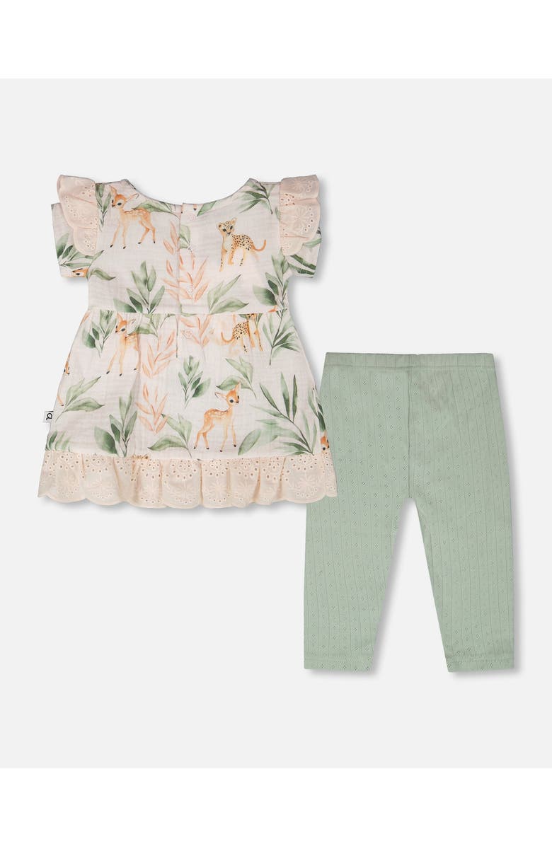 Deux par Deux Muslin Tunic and Pointelle Leggings Set Peach Deer Print, Alternate, color, Peach Deer Print & Green