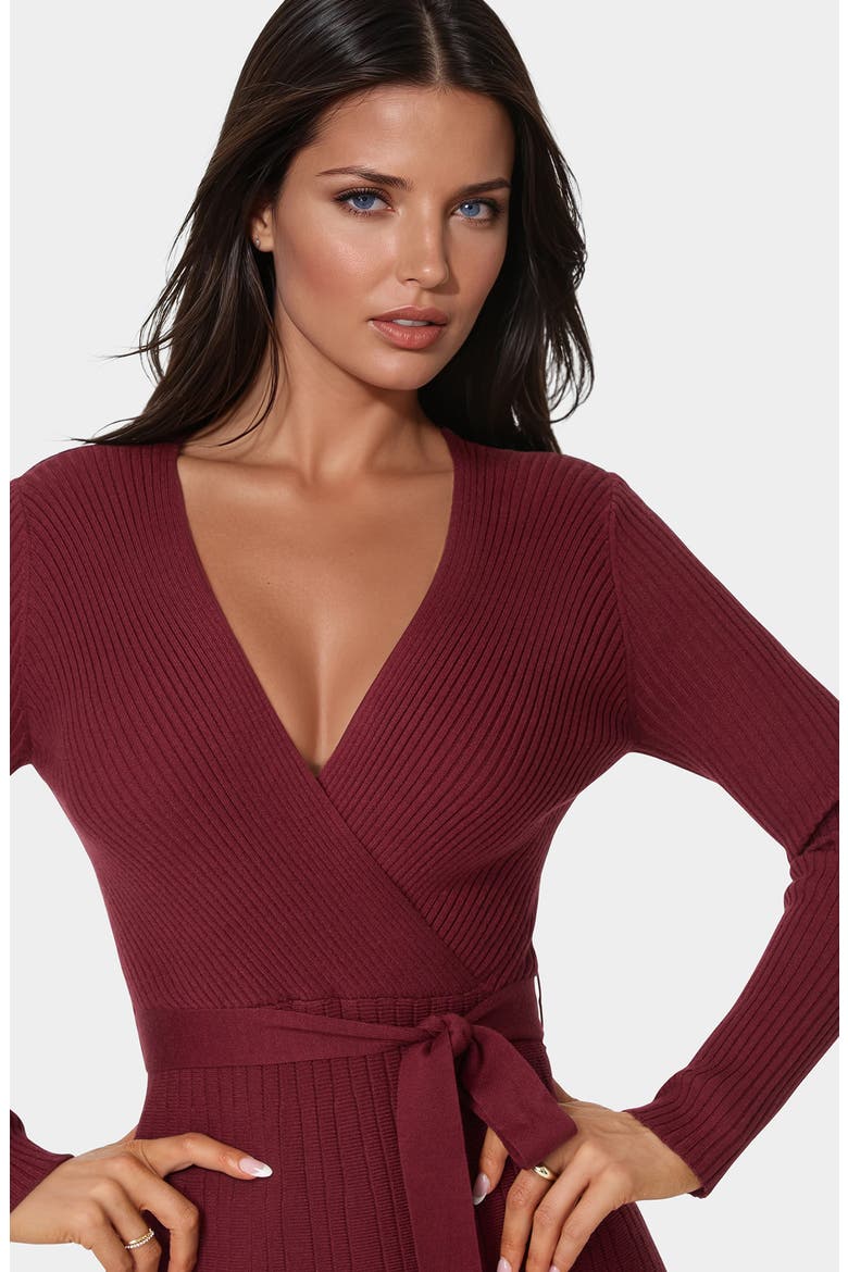 Surplice V-Neck Fit & Flare Sweater Dress, Alternate, color, WINE
