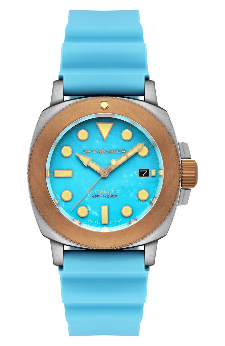 SPINNAKER Hull Titanium Bronze Automatic Lapidary Turquoise Silicone Strap Watch, 42mm, Main, color,