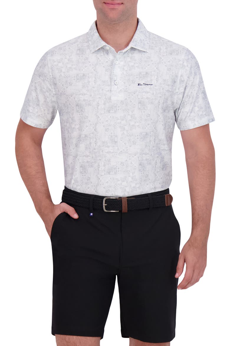 Collage Print Stretch Tech Polo, Main, color, LIGHT GREY