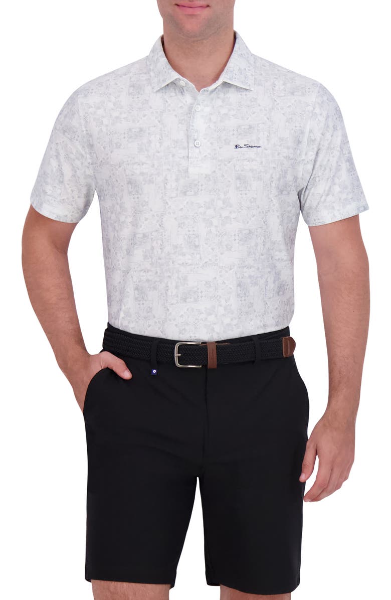 Ben Sherman Collage Print Stretch Tech Polo, Main, color, Light Grey