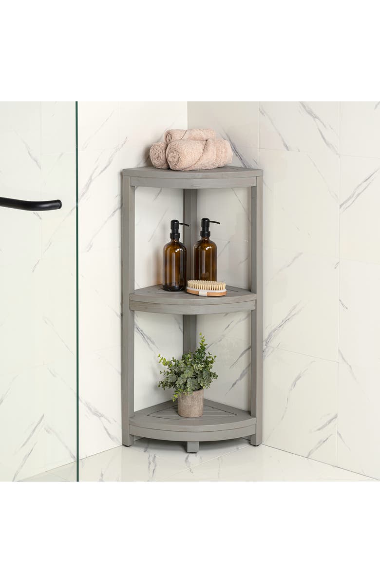 HAPPIMESS Sela 33" Classic Minimalist 3-Tier Acacia Wood Freestanding Bathroom Corner Shelf, Alternate, color, Gray