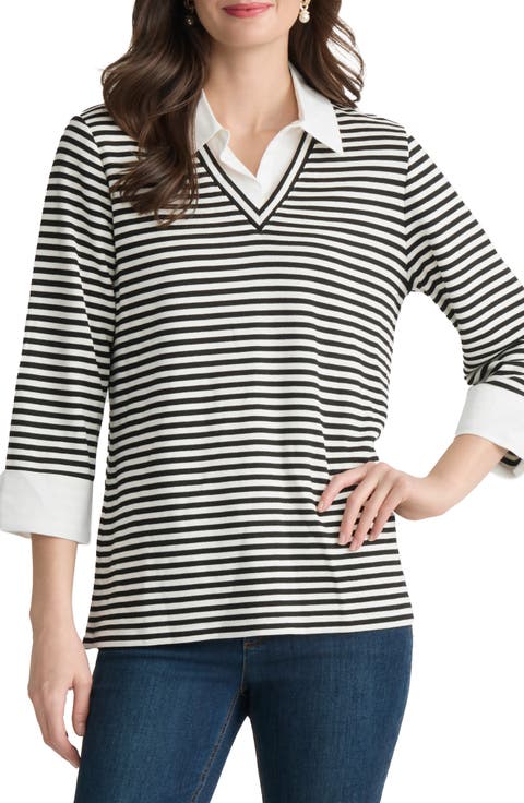 Stripe Three Quarter Sleeve Knit Twofer Top