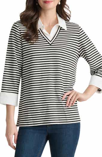 Stripe Three Quarter Sleeve Knit Twofer Top