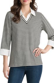 Jones New York Stripe Three Quarter Sleeve Knit Twofer Top