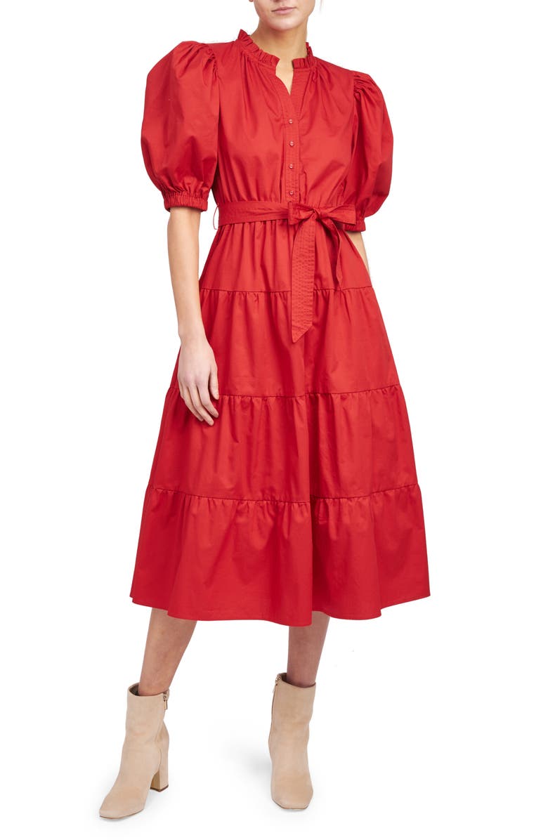 En Saison Tiered Tie Waist Puff Sleeve Poplin Midi Dress, Main, color, 