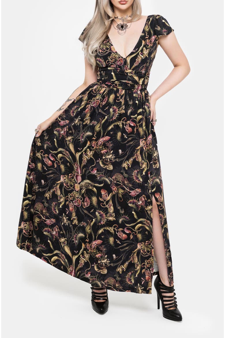 Dionaea Flytrap Print V-Neck Maxi Dress, Alternate, color, Black