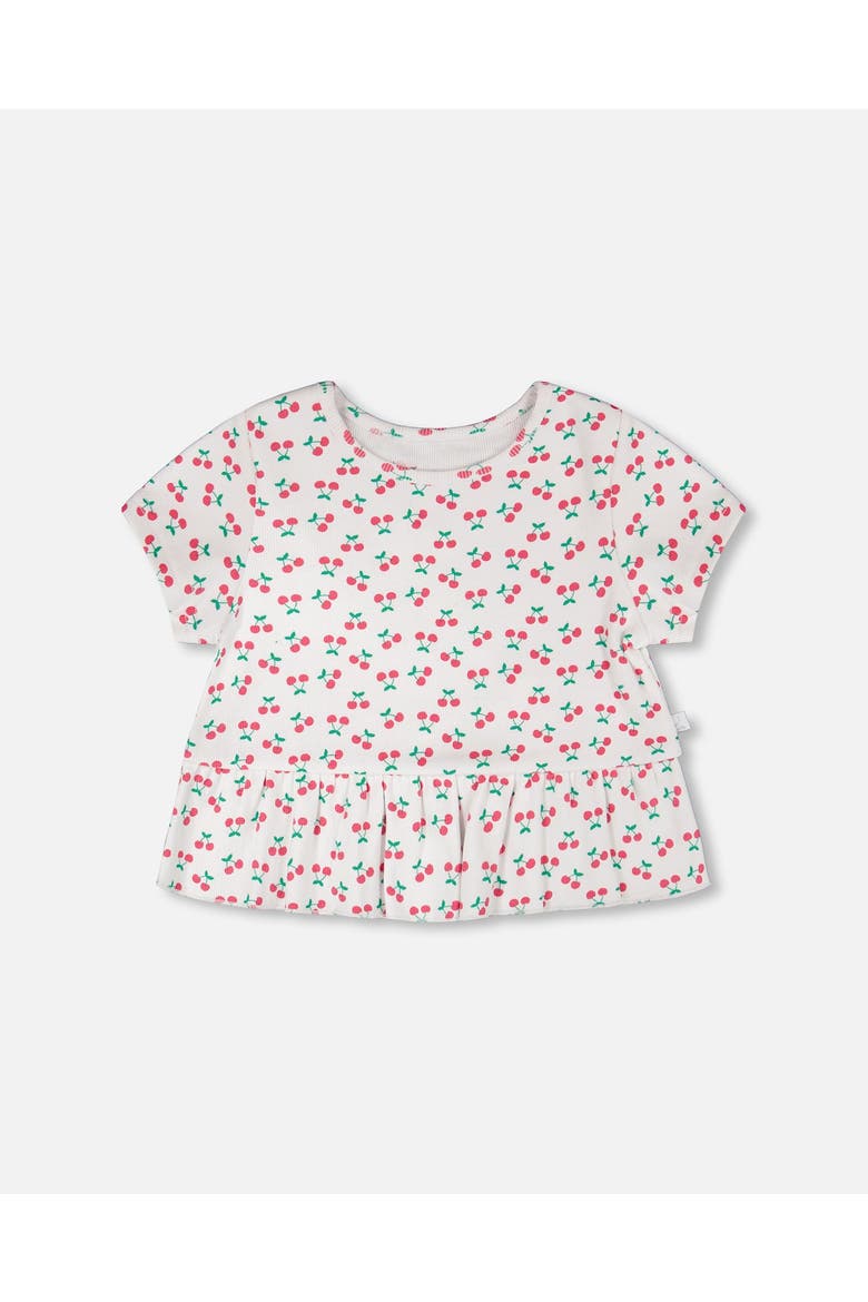 Rib Crop Short Sleeve Cherries T-Shirt with Frill, Main, color, White with Cherry Print