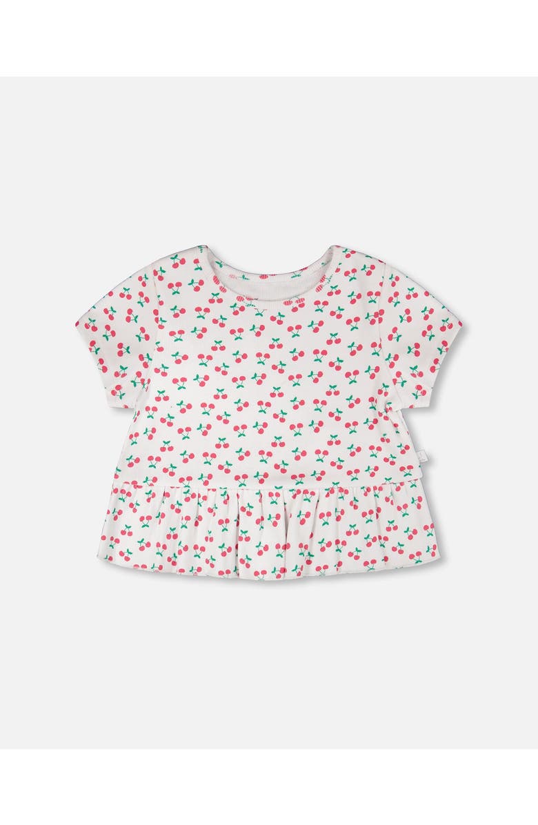Deux par Deux Rib Crop Short Sleeve Cherries T-Shirt with Frill, Main, color, White With Cherry Print