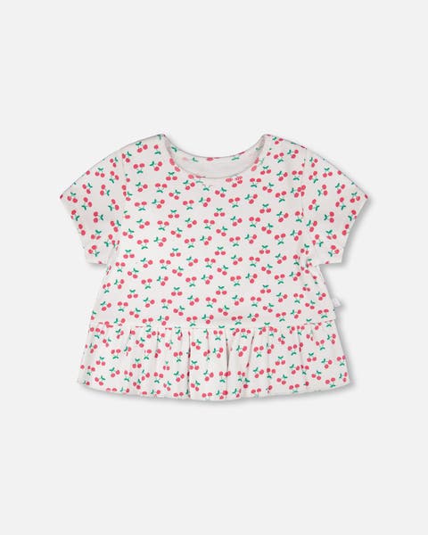 Rib Crop Short Sleeve Cherries T-Shirt with Frill (Toddler, Little Kid & Big Kid)