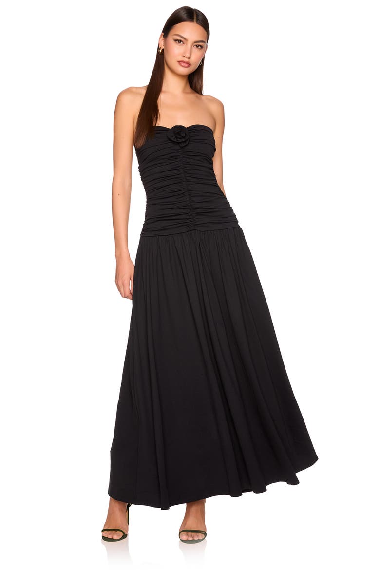 Flower Detail Strapless Maxi Dress, Alternate, color, BLACK