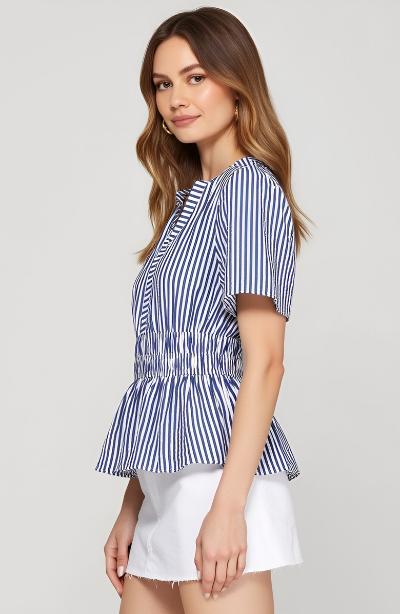 Modenaire Striped Peplum Top with V-Neckline, Smocked Waist and Short Sleeves, Alternate, color,