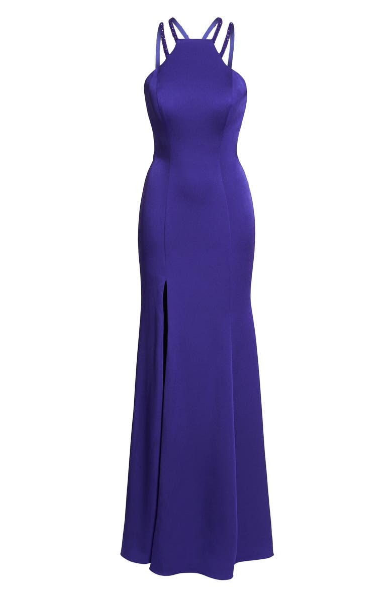 La Femme Beaded Strap Satin Gown, Alternate, color,