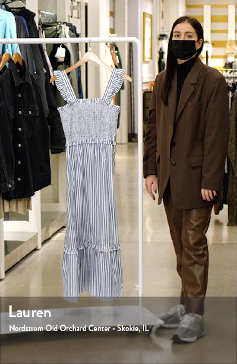 Smocked Stripe Sleeveless Poplin Midi Dress, sales video thumbnail