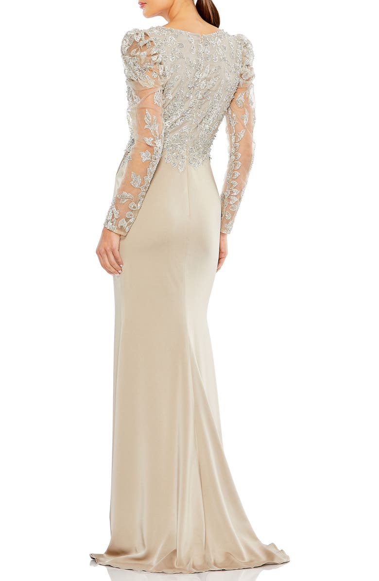 Mac Duggal Embellished Faux Wrap Illusion Puff Sleeve Gown, Alternate, color, Taupe