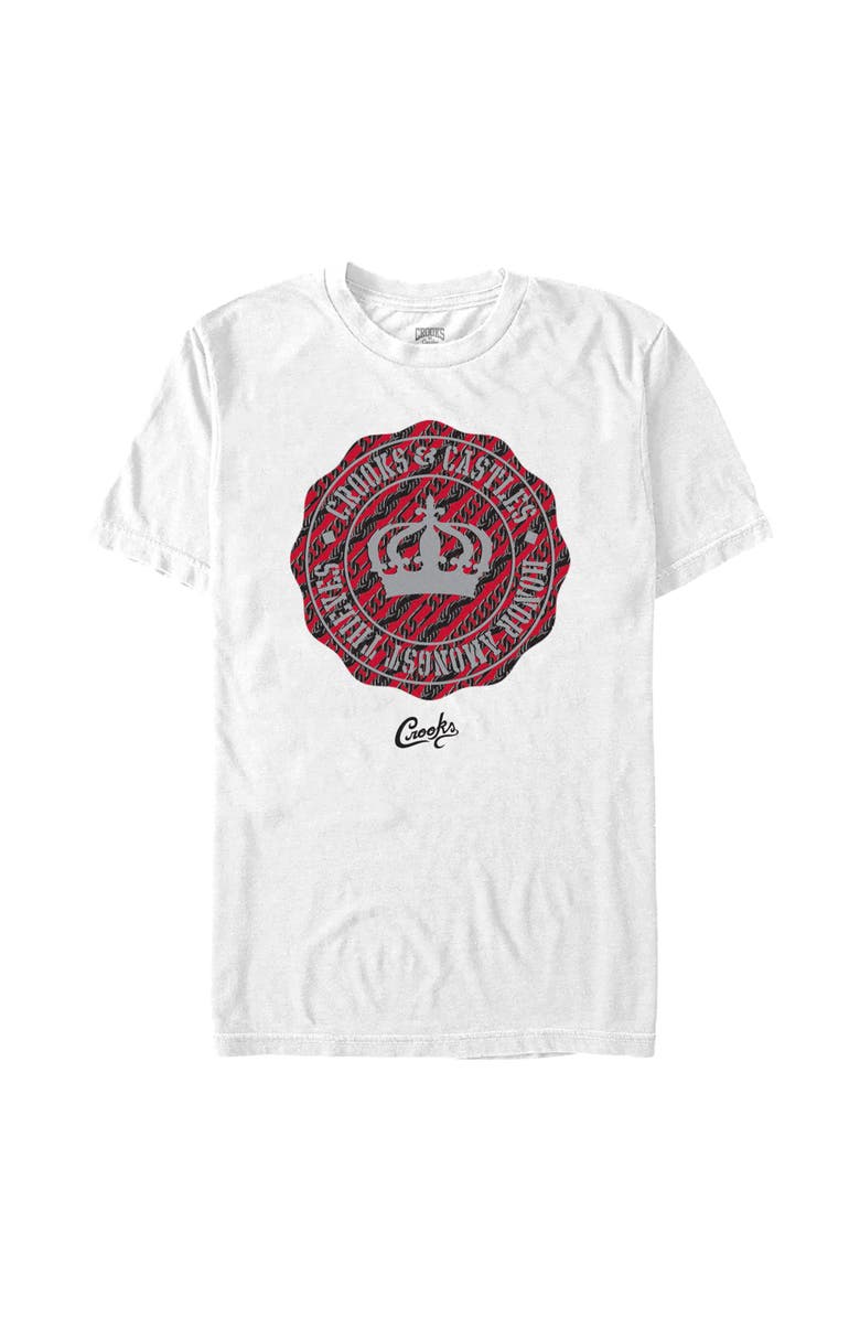 Crooks & Castles Men's Crooks & Castles Honor Amongst Thieves Red Badge Front and Back  Graphic T-Shirt, Main, color, White
