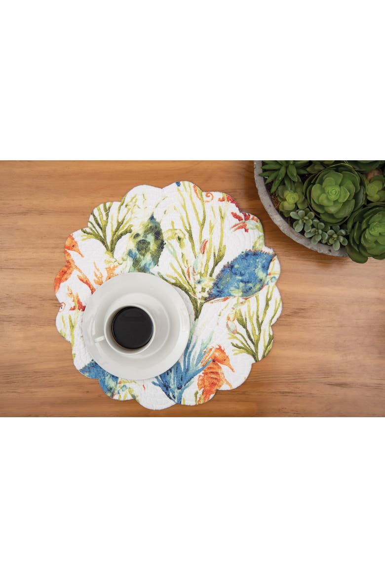 Marino Round Quilted Reversible Colorful Coastal Placemats Set of 6, 17", Alternate, color, Blue