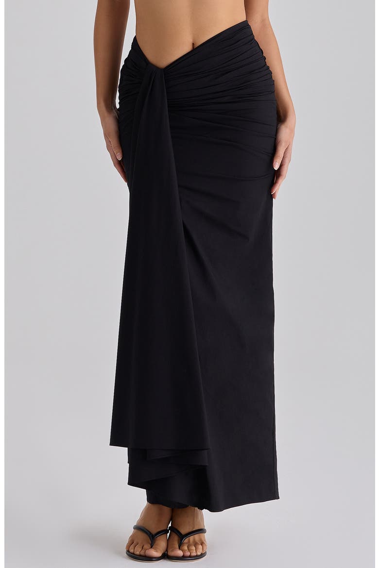 April Ruched Stretch Cotton Evening Midi Skirt, Alternate, color, BLACK