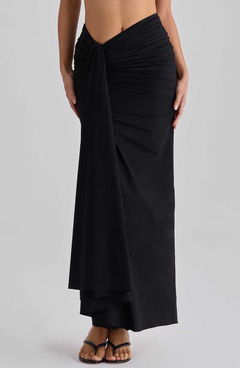 HOUSE OF CB April Ruched Stretch Cotton Evening Midi Skirt, Alternate, color, Black