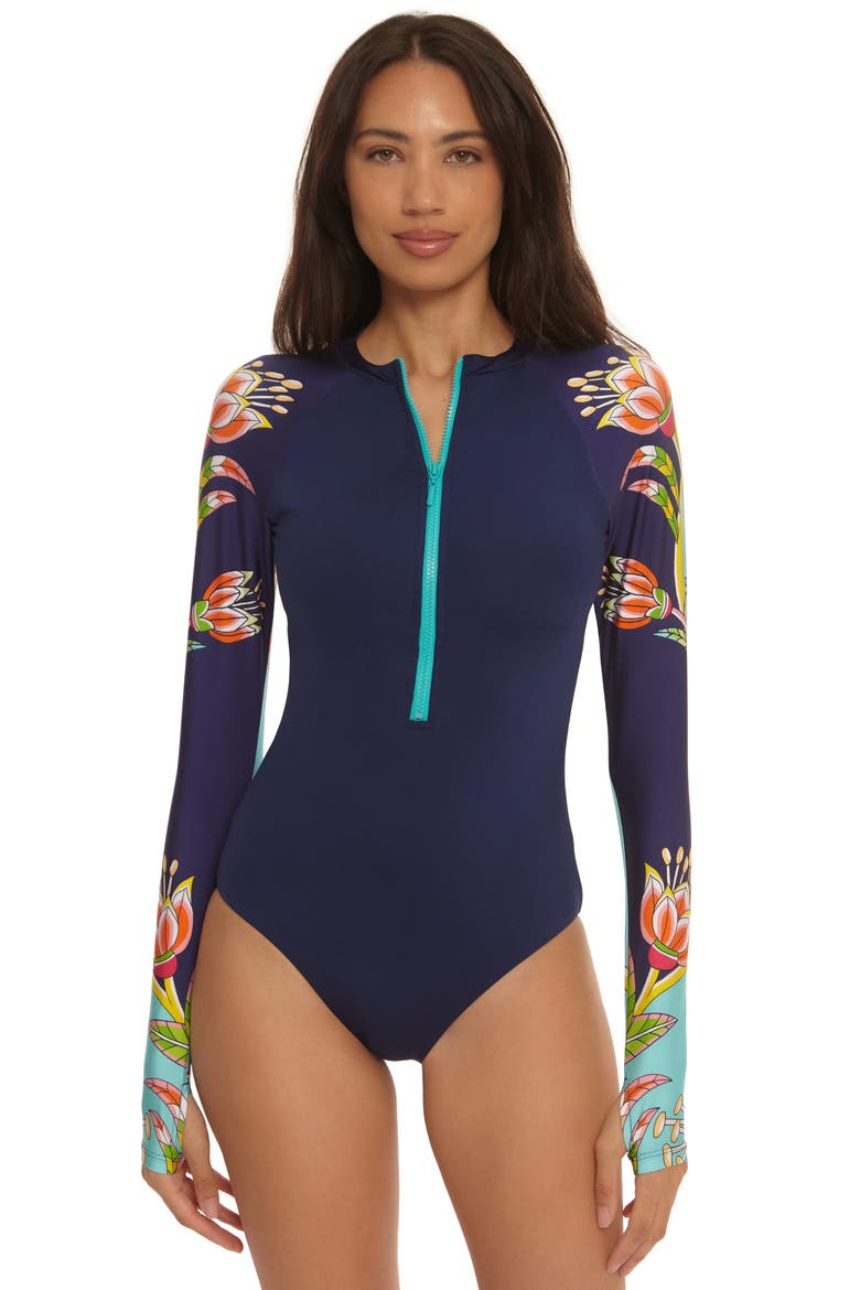 Flamingo Long Sleeve One-Piece Rashguard Swimsuit, Alternate, color, MULTI