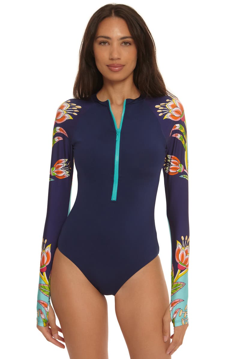 Trina Turk Flamingo Long Sleeve One-Piece Rashguard Swimsuit, Alternate, color, 