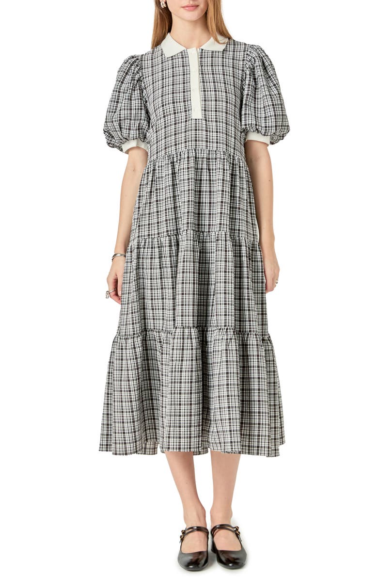 English Factory Plaid Tiered Midi Shirtdress, Main, color, 