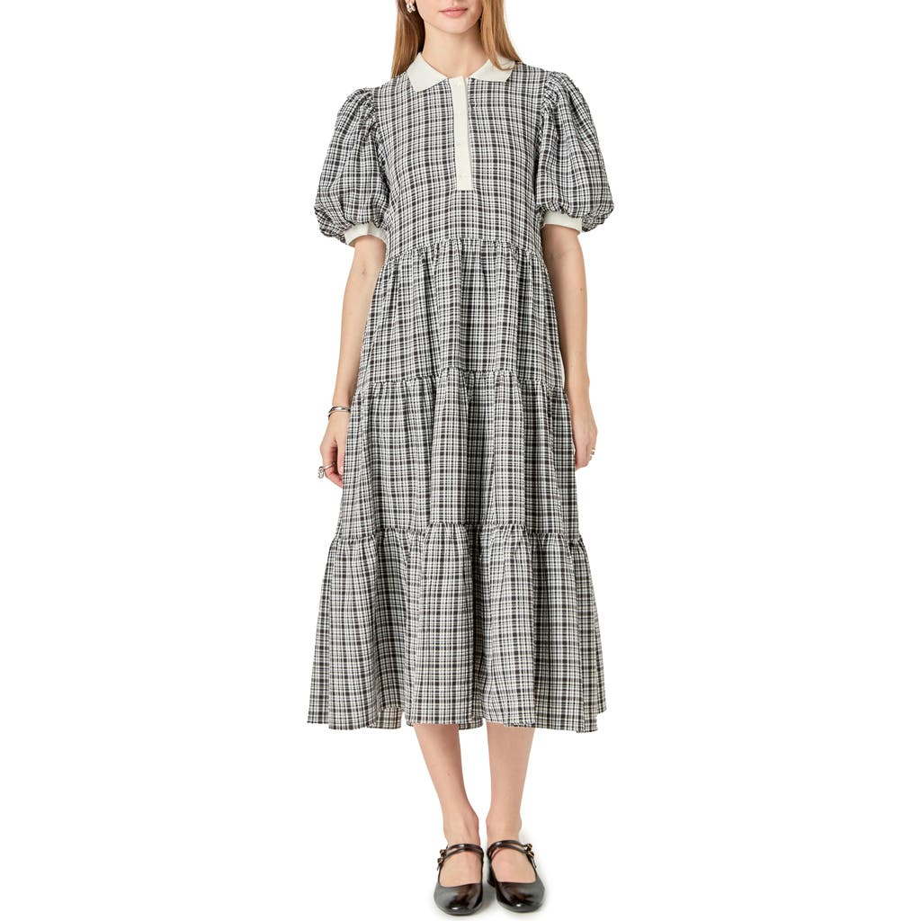 ENGLISH FACTORY ENGLISH FACTORY PLAID TIERED MIDI SHIRTDRESS