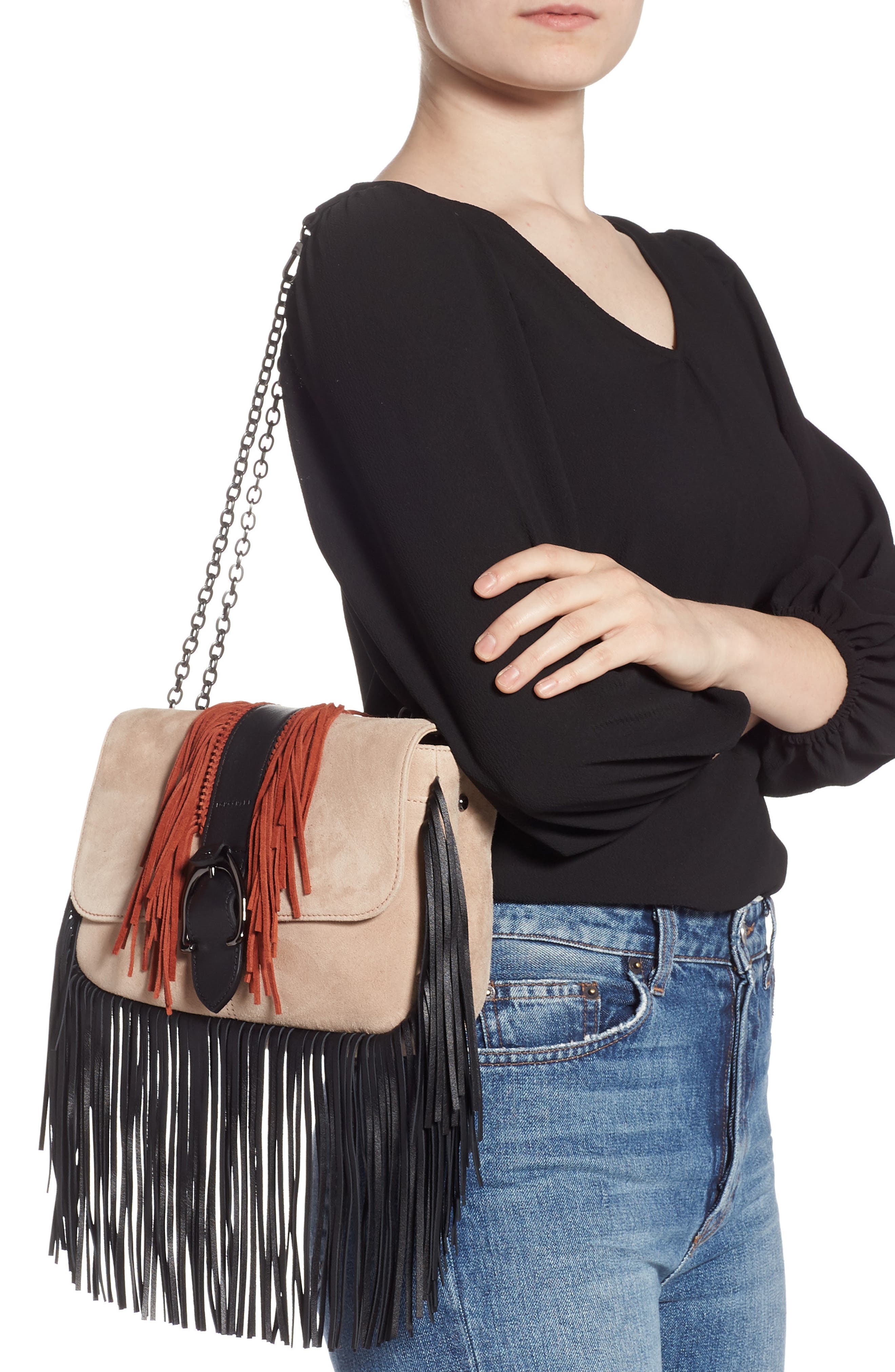 Longchamp Amazone Colorblock Fringe Shoulder Bag, Alternate, color, Rose