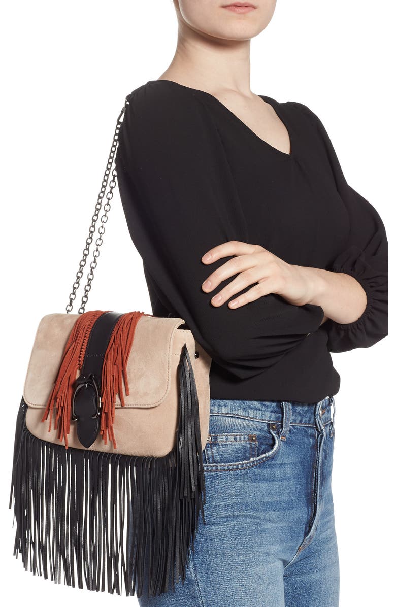 Longchamp Amazone Colorblock Fringe Shoulder Bag, Alternate, color, Rose