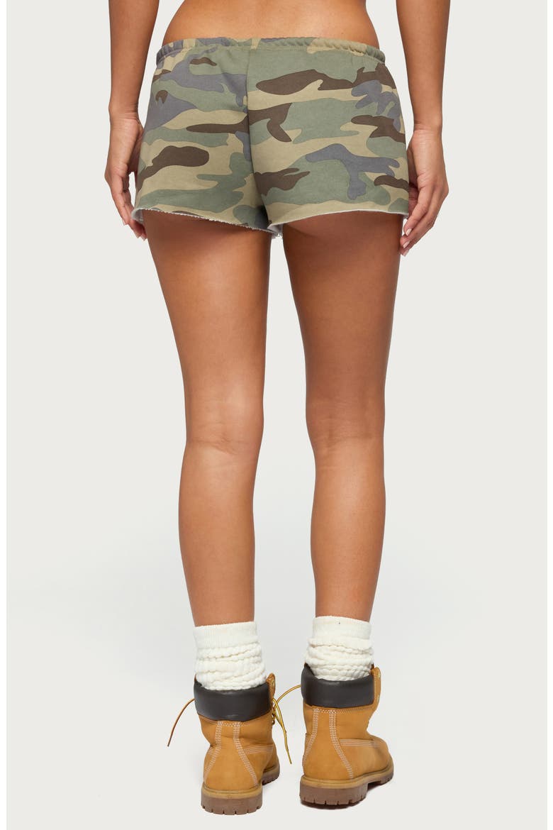 Camo Print Raw Hem Drawstring Shorts, Alternate, color, OLIVE