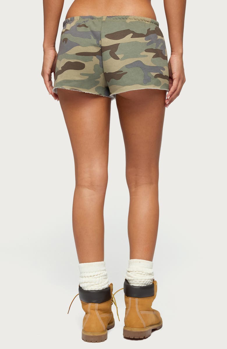 EDIKTED Camo Print Raw Hem Drawstring Shorts, Alternate, color, 