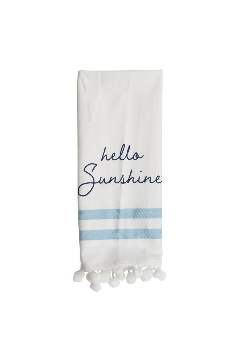 "Hello Sunshine" Handsewn Pom Poms Kitchen Dishtowel, Main, color, White