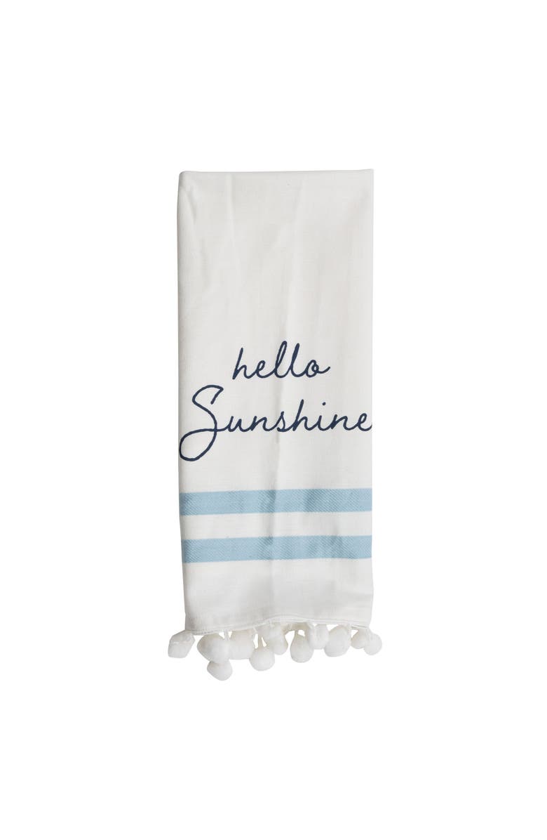 Foreside Home and Garden "Hello Sunshine" Handsewn Pom Poms Kitchen Dishtowel, Main, color, White