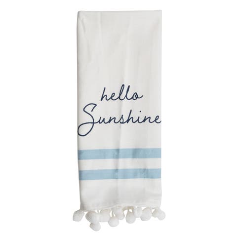 "Hello Sunshine" Handsewn Pom Poms Kitchen Dishtowel