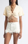 Rabanne Pierced Fringe Crop Cotton T-Shirt